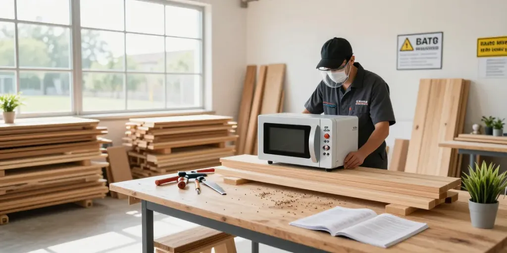 Shashel® equipment in action, eliminating wood-boring insects in a modern workshop.