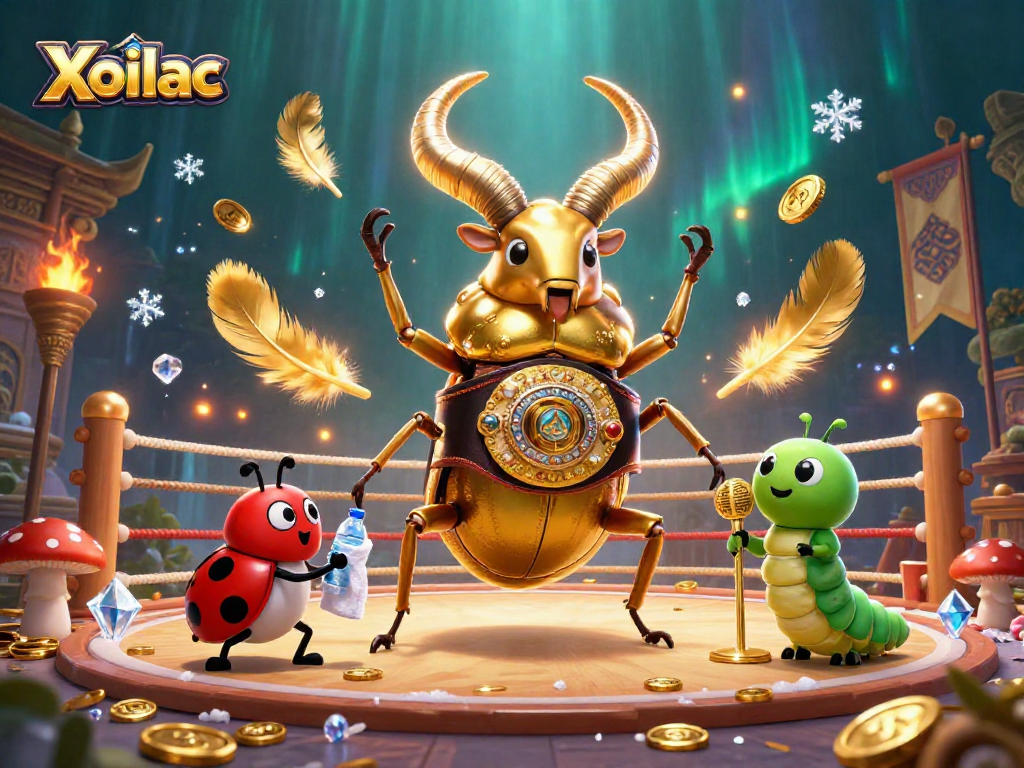 Xoilac delivers action-packed casino energy with a giant beetle boxing champion and vibrant elements.