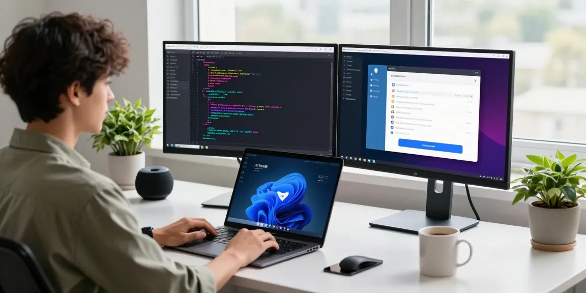 Developer using 纸飞机中文版 app on dual screens in a modern workspace with natural light.