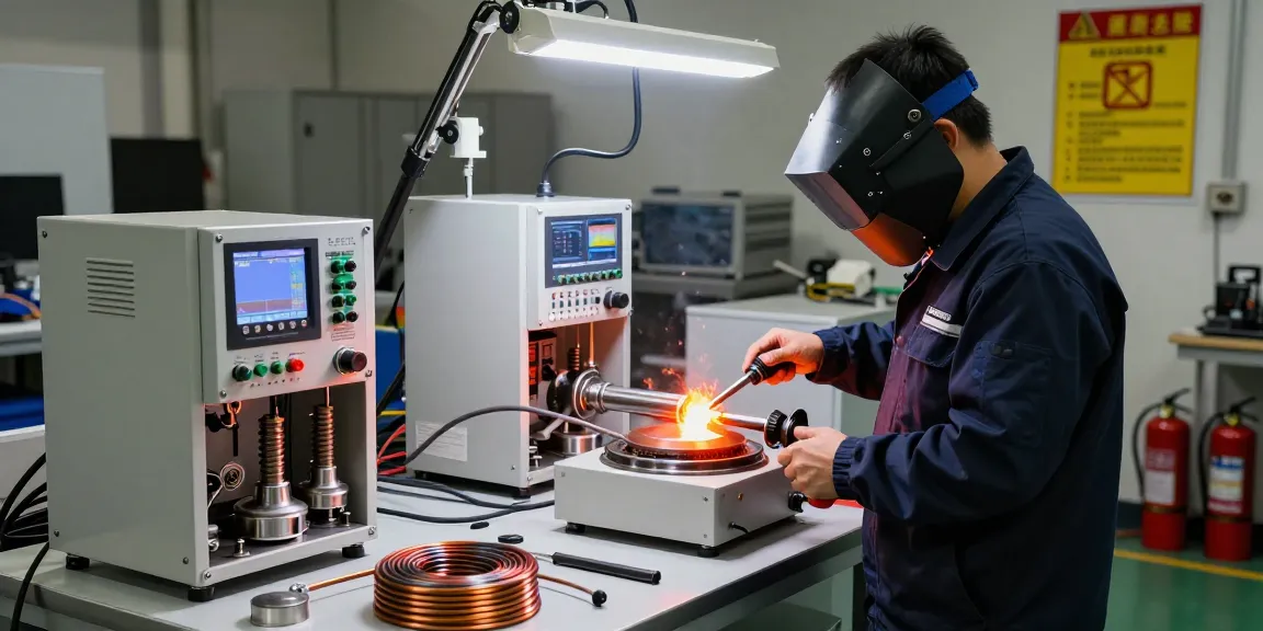 Technician using induction heater in a well-organized industrial workshop highlighting precision heating technology.