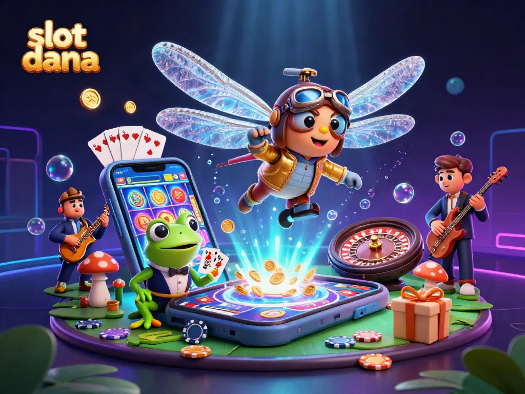 Mainkan slot dana dengan croupier katak dan pilot helikopter dalam ilustrasi kasino yang menakjubkan.