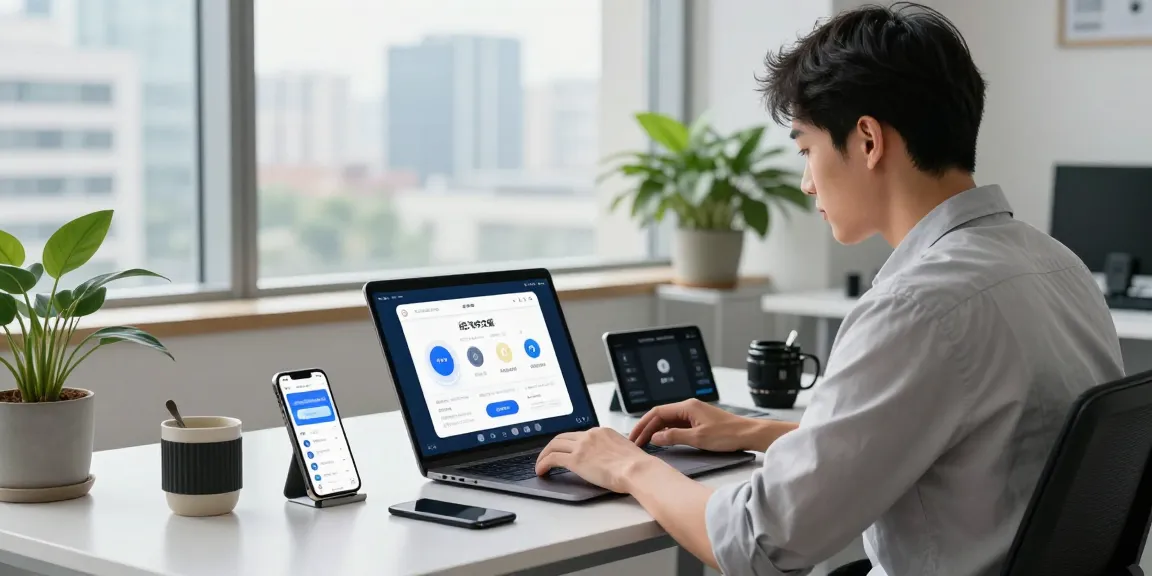 Young professional exploring features of 纸飞机中文版 app in modern tech workspace.