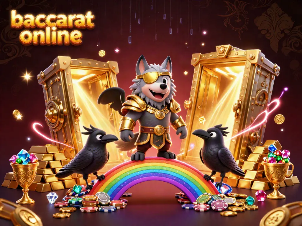 Baccarat online illustration featuring Odin and ravens by a casino chip bridge.