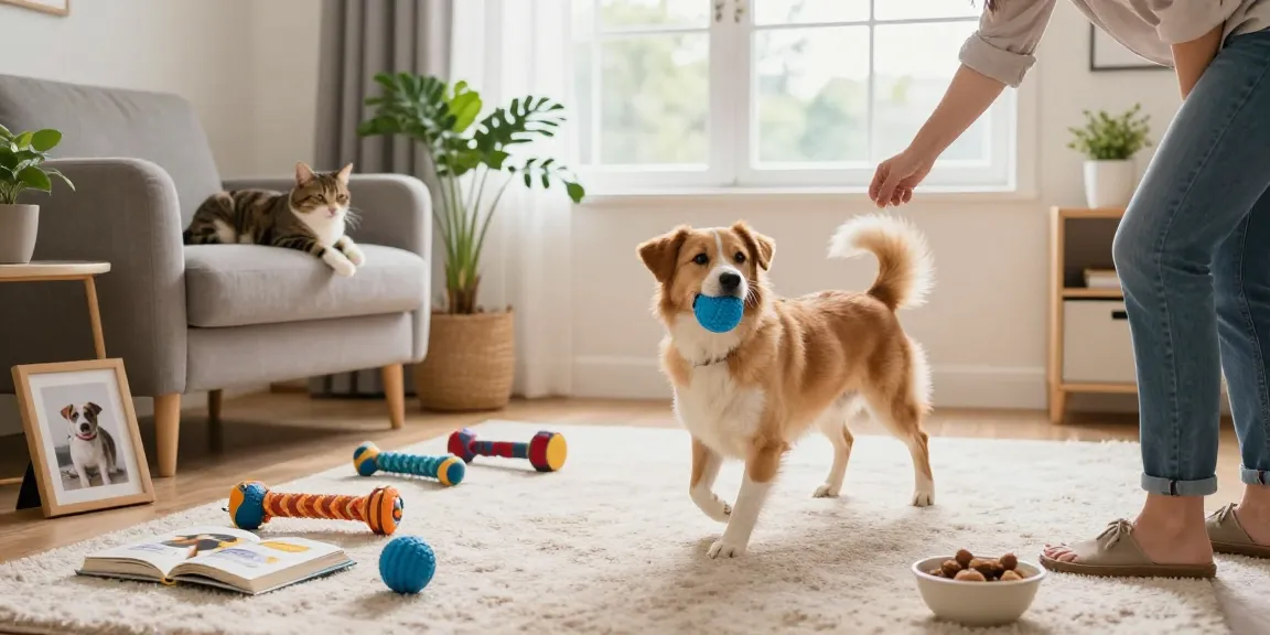 Owner playing fetch with dog, highlighting NAGA2000 pet care tips in a cozy living room setting.