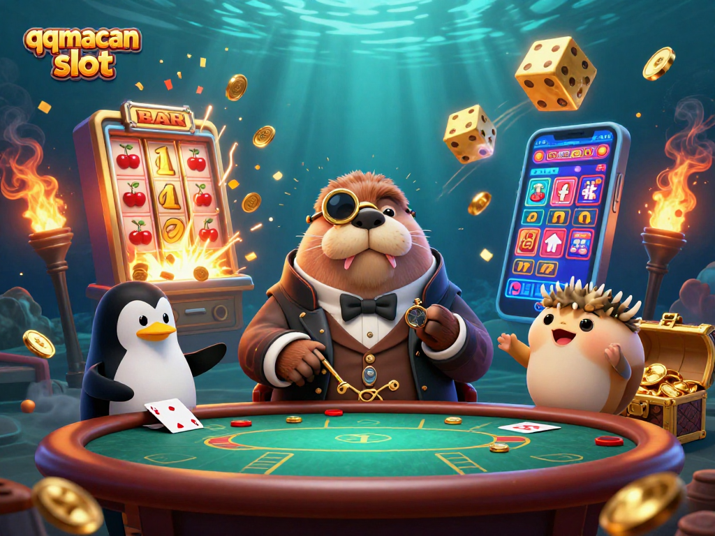 Experience thrilling gameplay with qqmacan slot at a lively underwater casino scene featuring a walrus, penguin, and pufferfish.