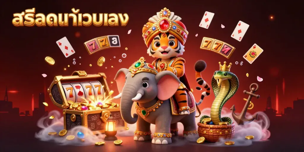 ภาพการ์ตูน 3D ของช้างอัญมณีพร้อมเสือและงูในบรรยากาศสล็อตแท้เว็บตรง