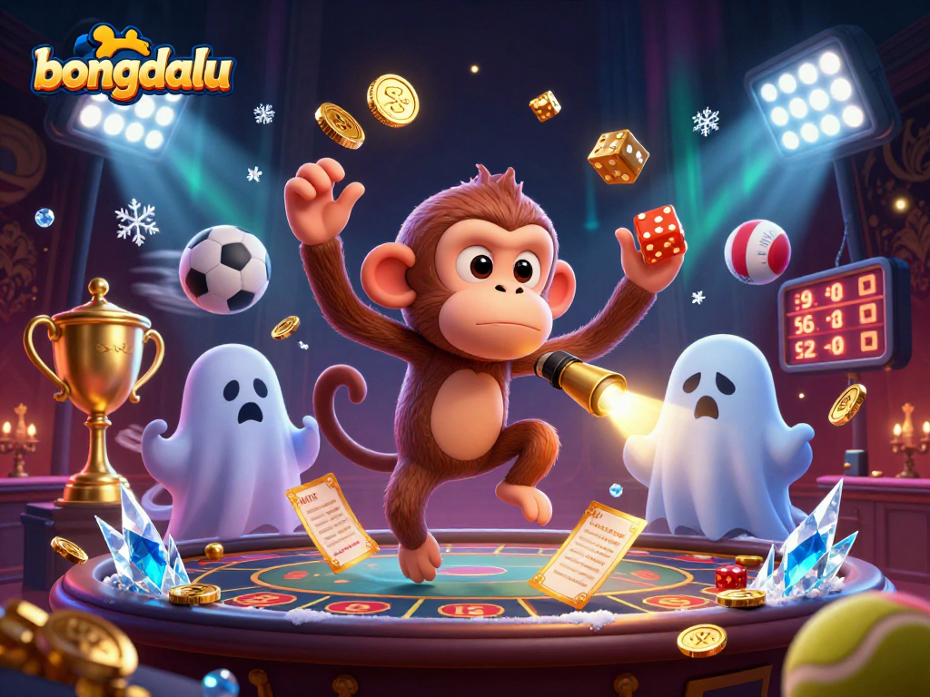 Bongdalu presents an extravagant casino scene with a mischievous monkey juggling golden objects, captivating both players and spectators alike.
