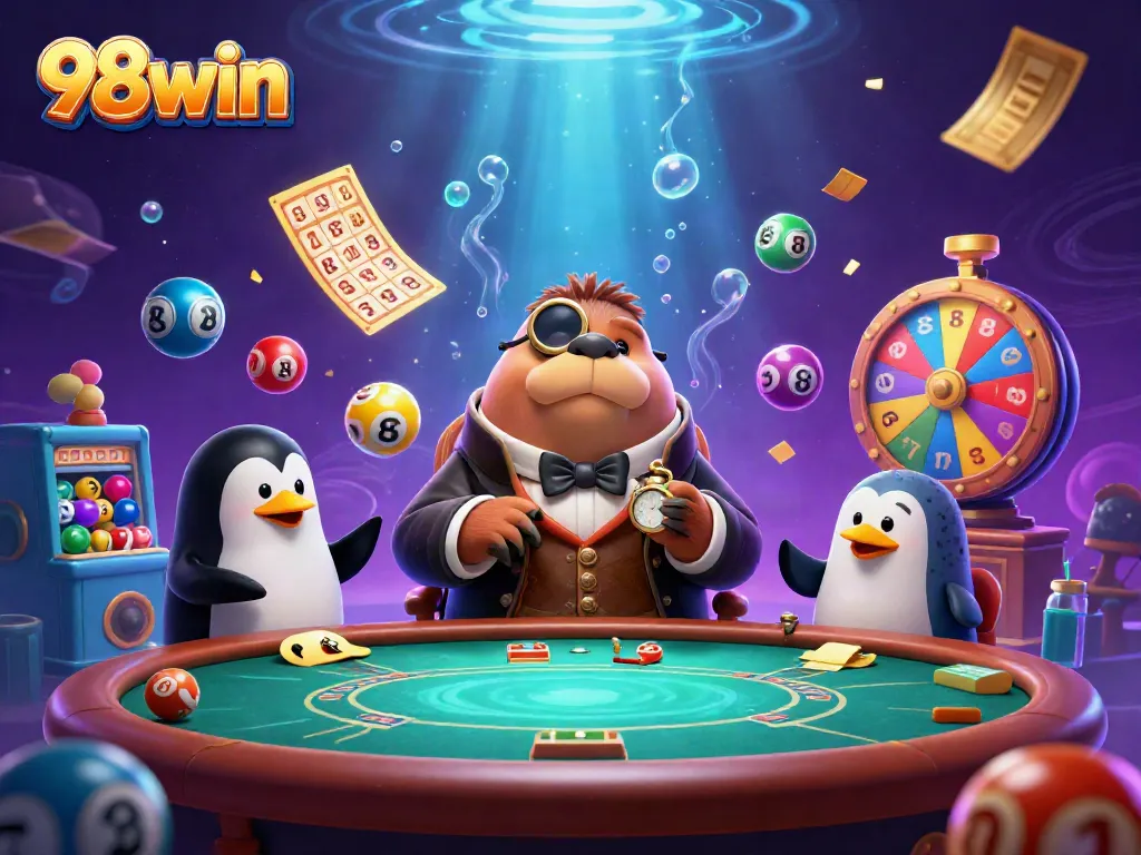98win showcases a vibrant underwater poker scene featuring a walrus, penguin dealer, and pufferfish player