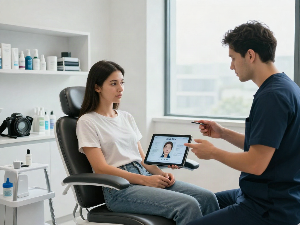 ClinicEvo vs QOVES facial analysis consultation showcasing aesthetic improvement tools.