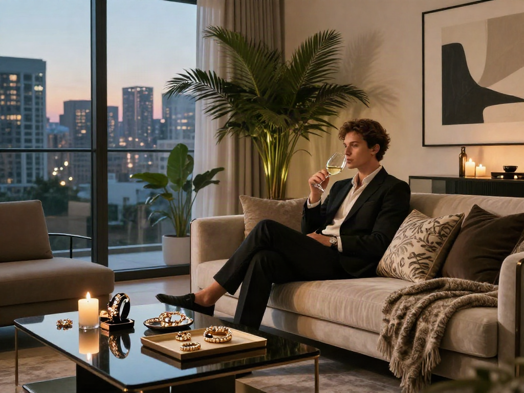 Gaya hidup mewah luxury111 dalam apartemen urban dengan pemandangan kota, suasana nyaman.