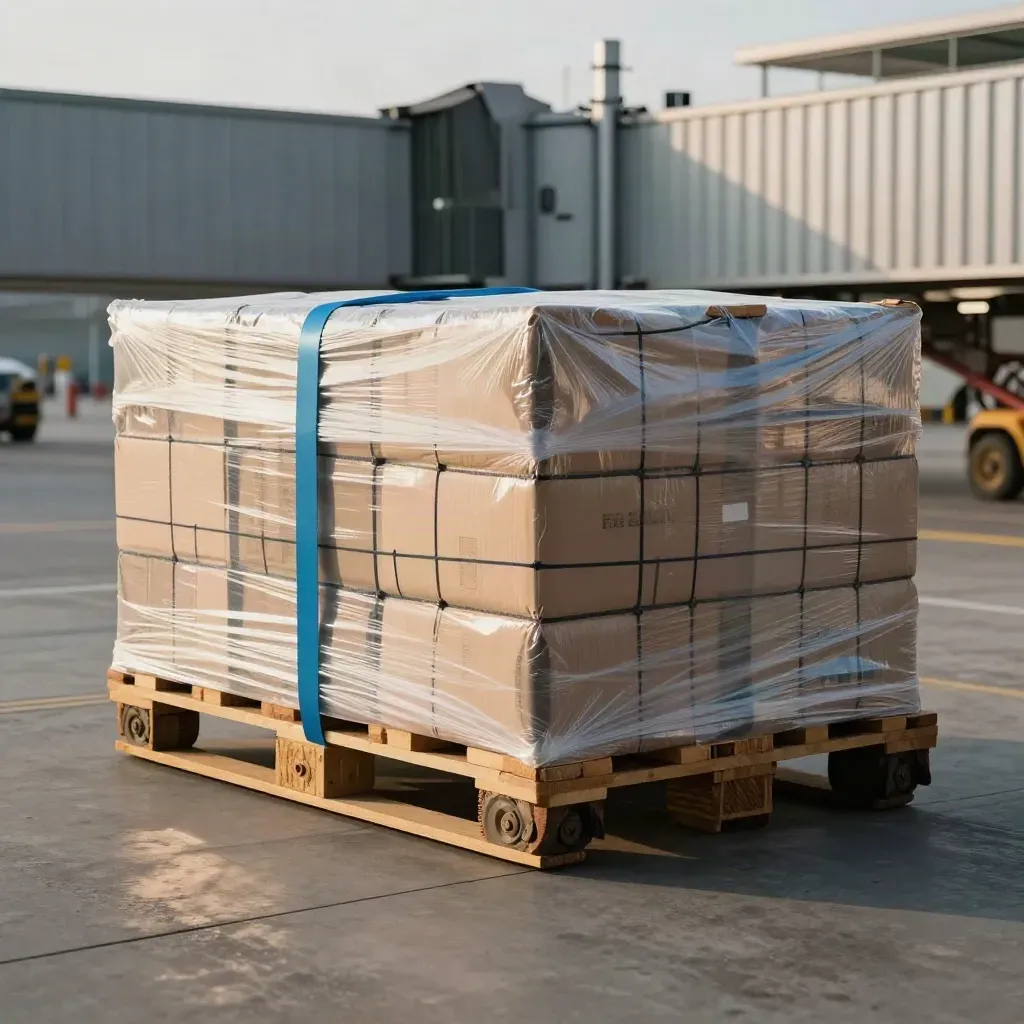Shrink-wrapped airfreight pallet staged in a hazy terminal aisle, viewed low and close.