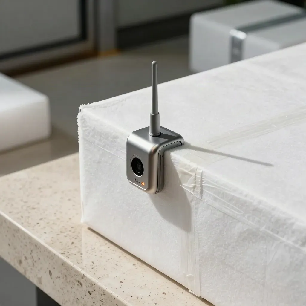 GPS cargo tracker blinking on a white crate corner with foam padding