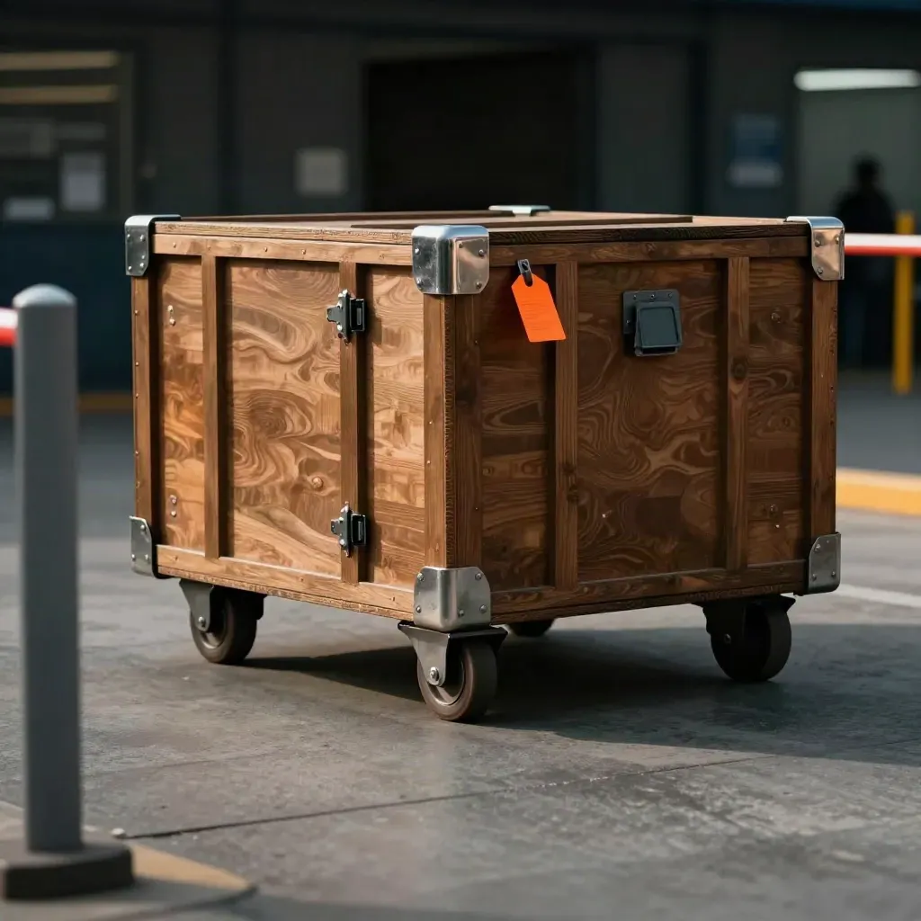 Sealed customs crate rolling past an inspection lane on a hazy warehouse floor