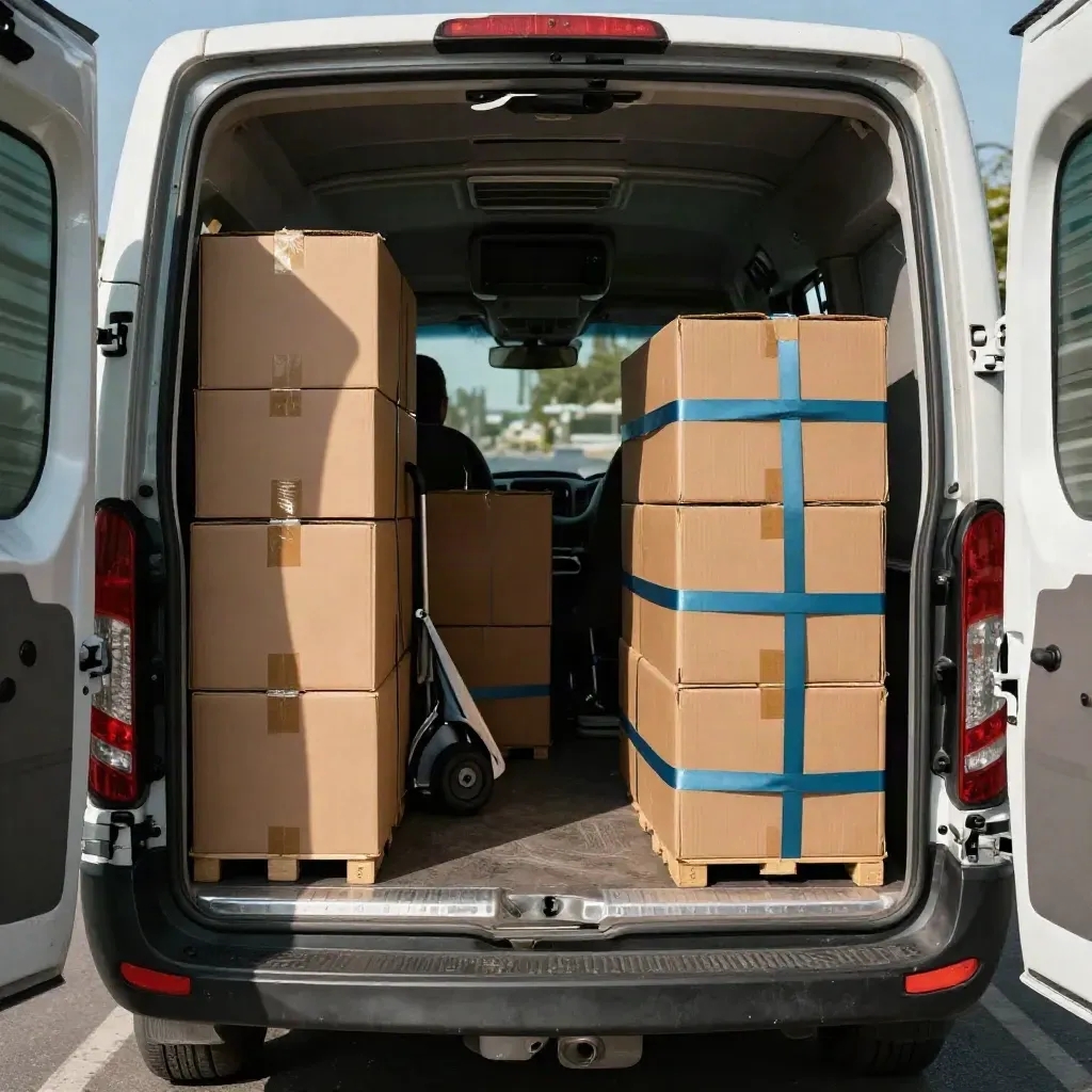 Open delivery van packed with cartons, hand truck, and tote bins in dramatic low light.