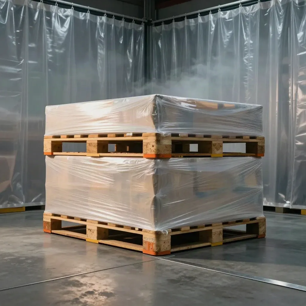 Shrink-wrapped pallets sit in a cool cargo bay behind clear dock curtains, ready for shipment.