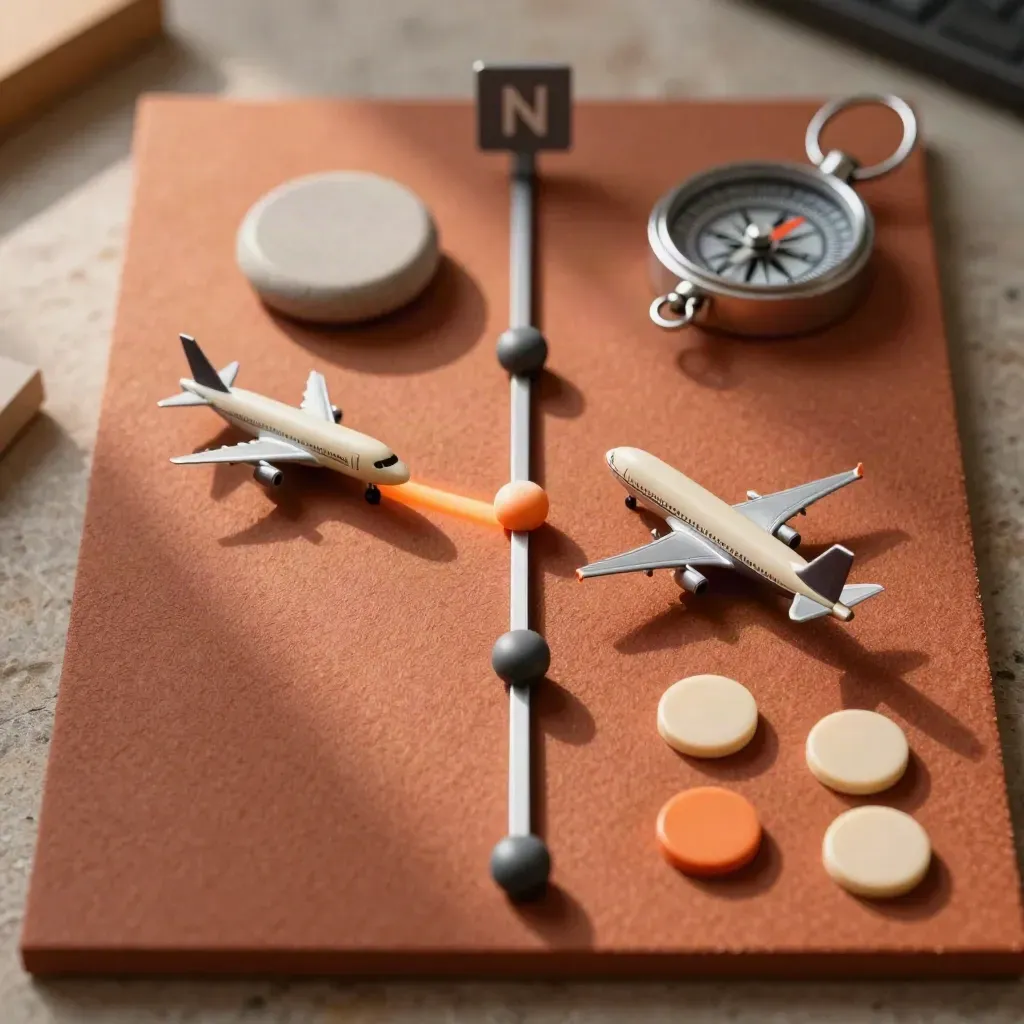 Top-down route planning still life with aircraft model, markers, tokens, and compass stone.
