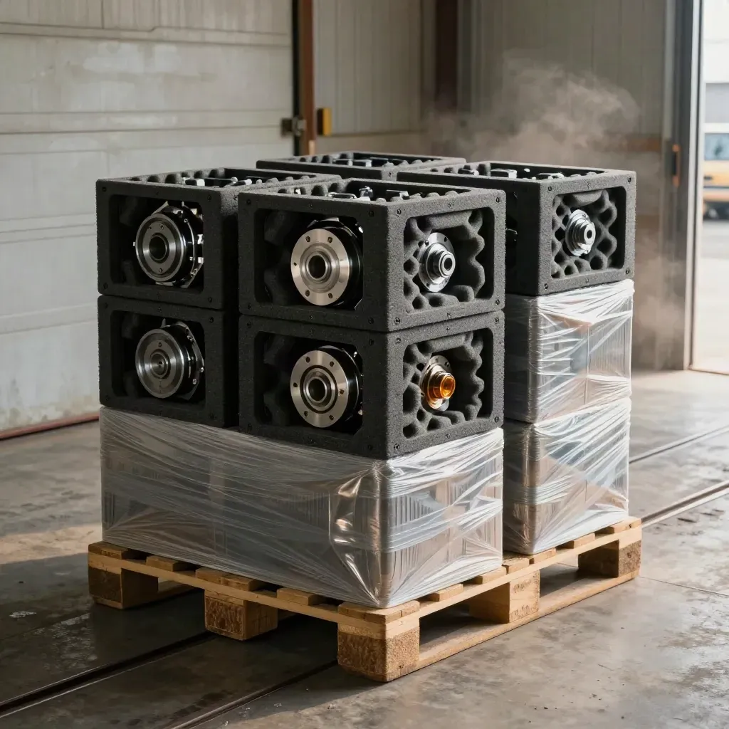 Auto parts crates on a warehouse dock, dust in the air, ready to roll to the plant.