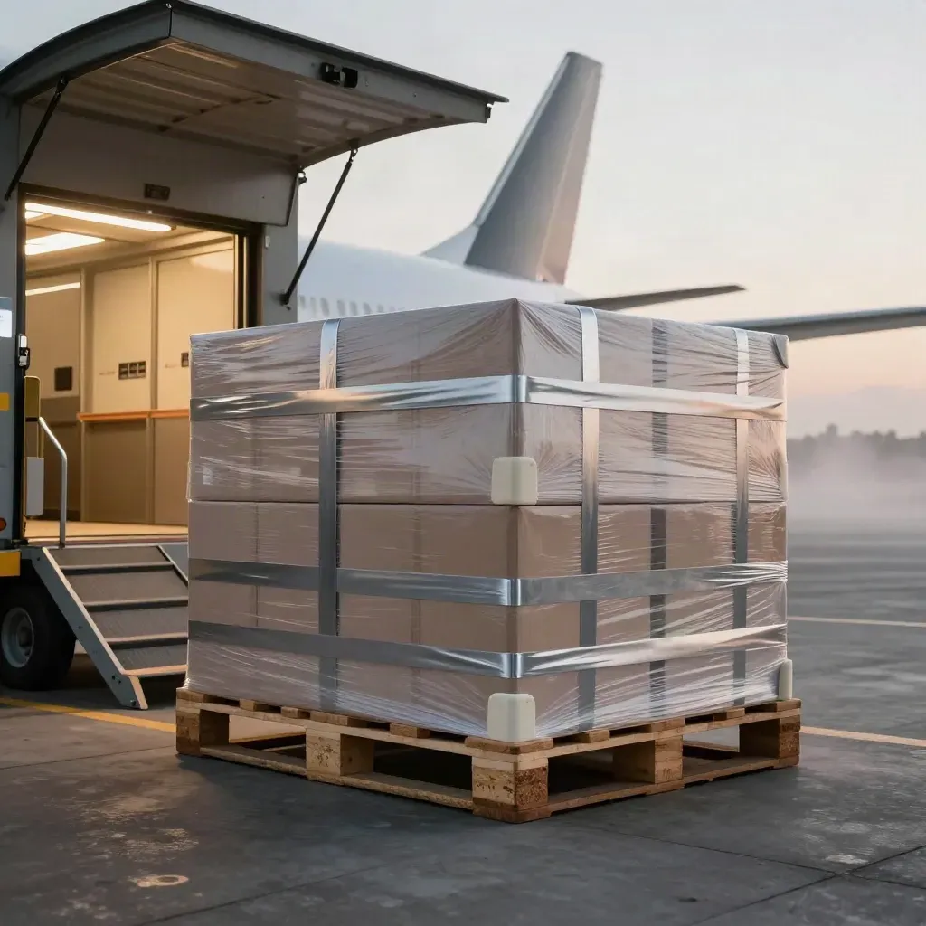 Fashion export pallet beside a lit gate loader in dawn mist, ready for departure.