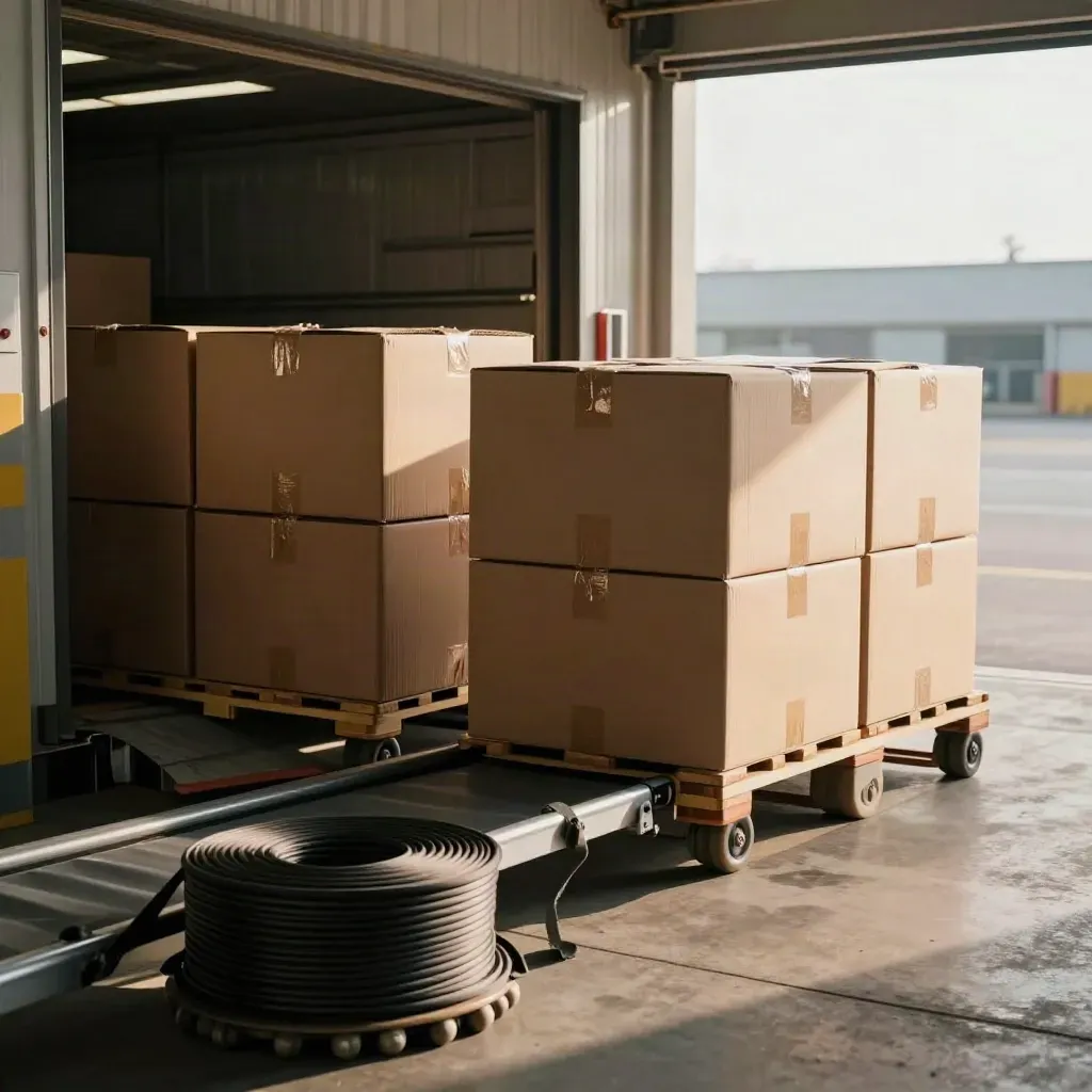 Urgent cartons ride a conveyor beside an air pallet in a hazy cargo bay, ready for departure.