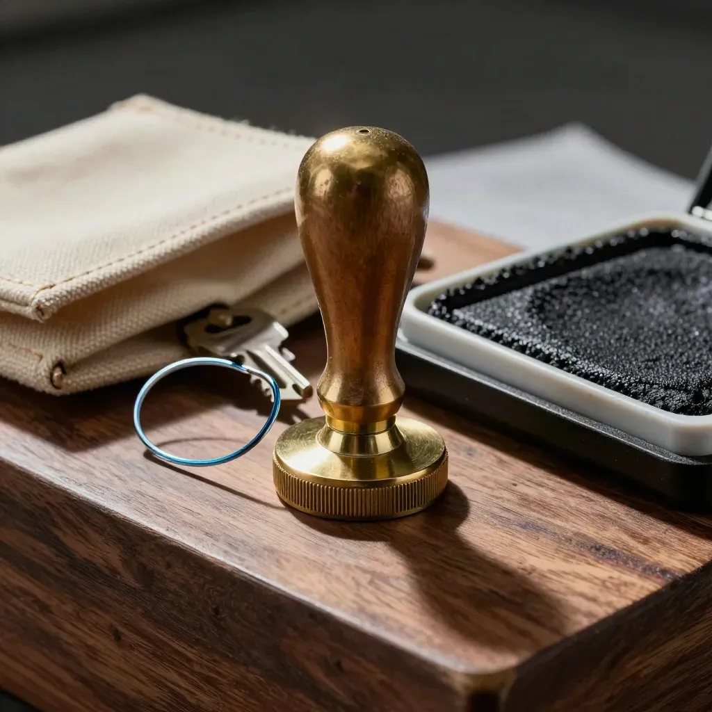Brass customs seal press, wire, file pouch and stamp pad on a dark cargo bench.