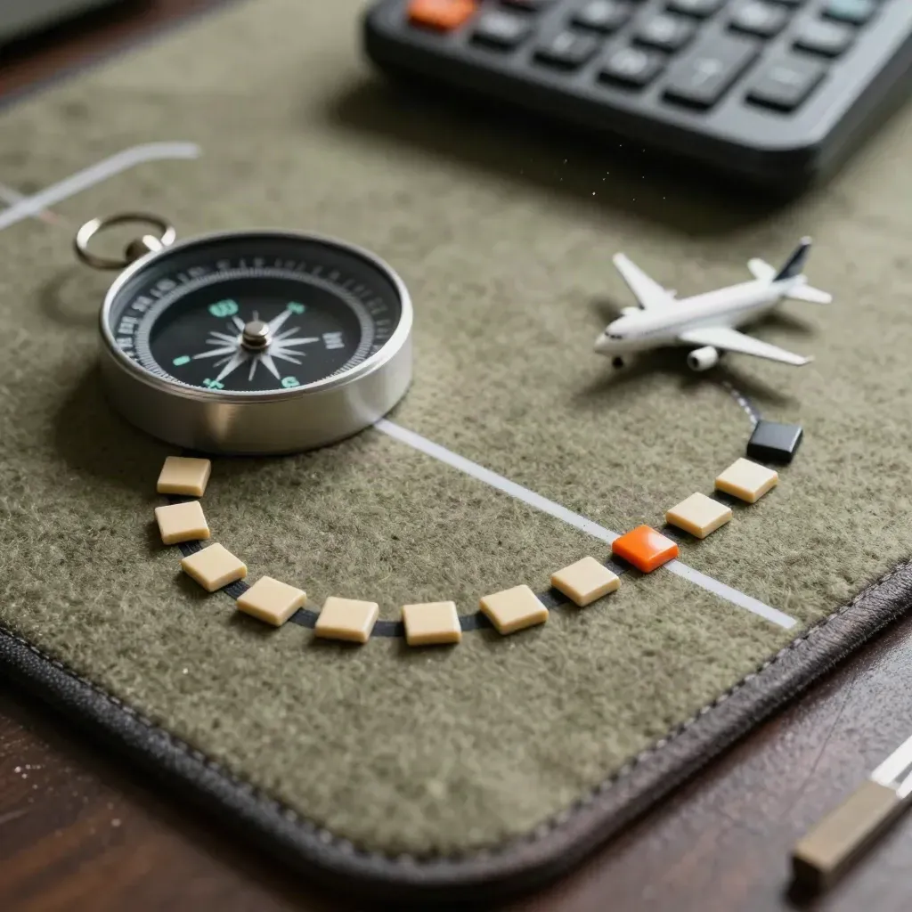 Overhead close-up of route chips, runway markers, a compass and model aircraft on a planning mat.