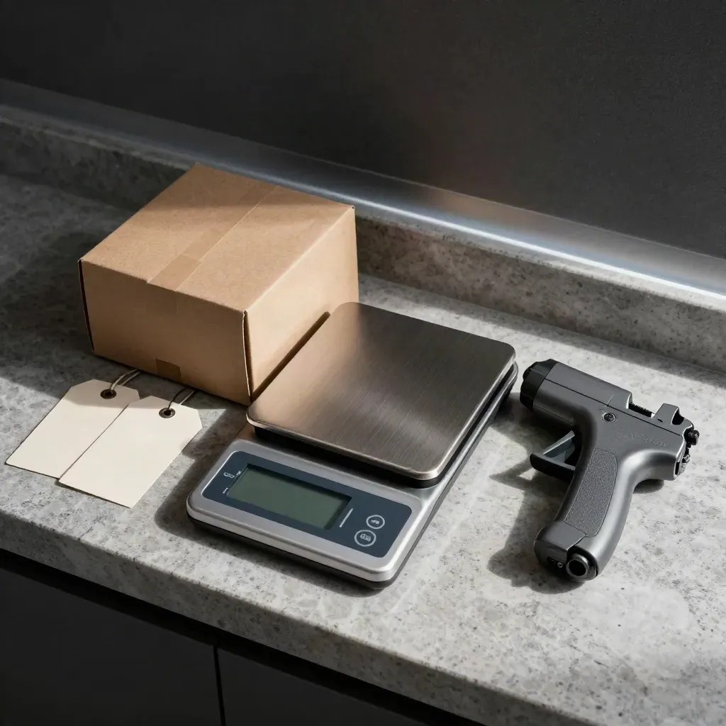 Overhead logistics still life with cargo scale, sealed carton, tags and tape gun on stone.