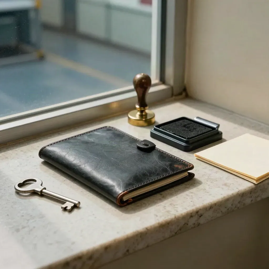 Customs clearance tools staged beside a closed document wallet in a freight office alcove.