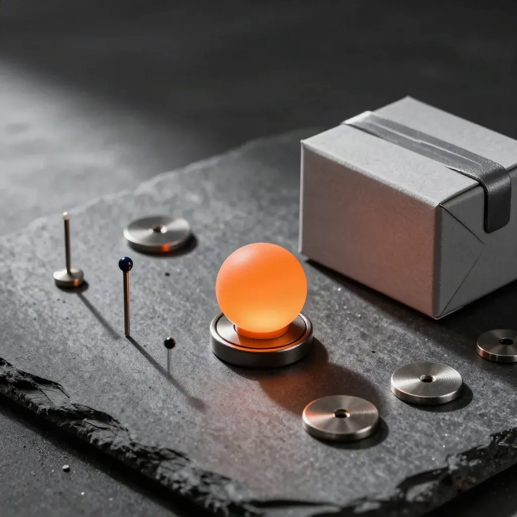 Locator puck and cargo tracking pieces on dark stone with orange glow