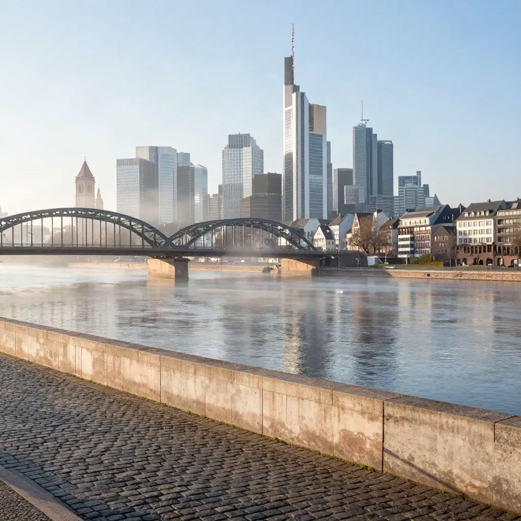 Frankfurt river skyline in morning mist with bridge lines and calm river below.