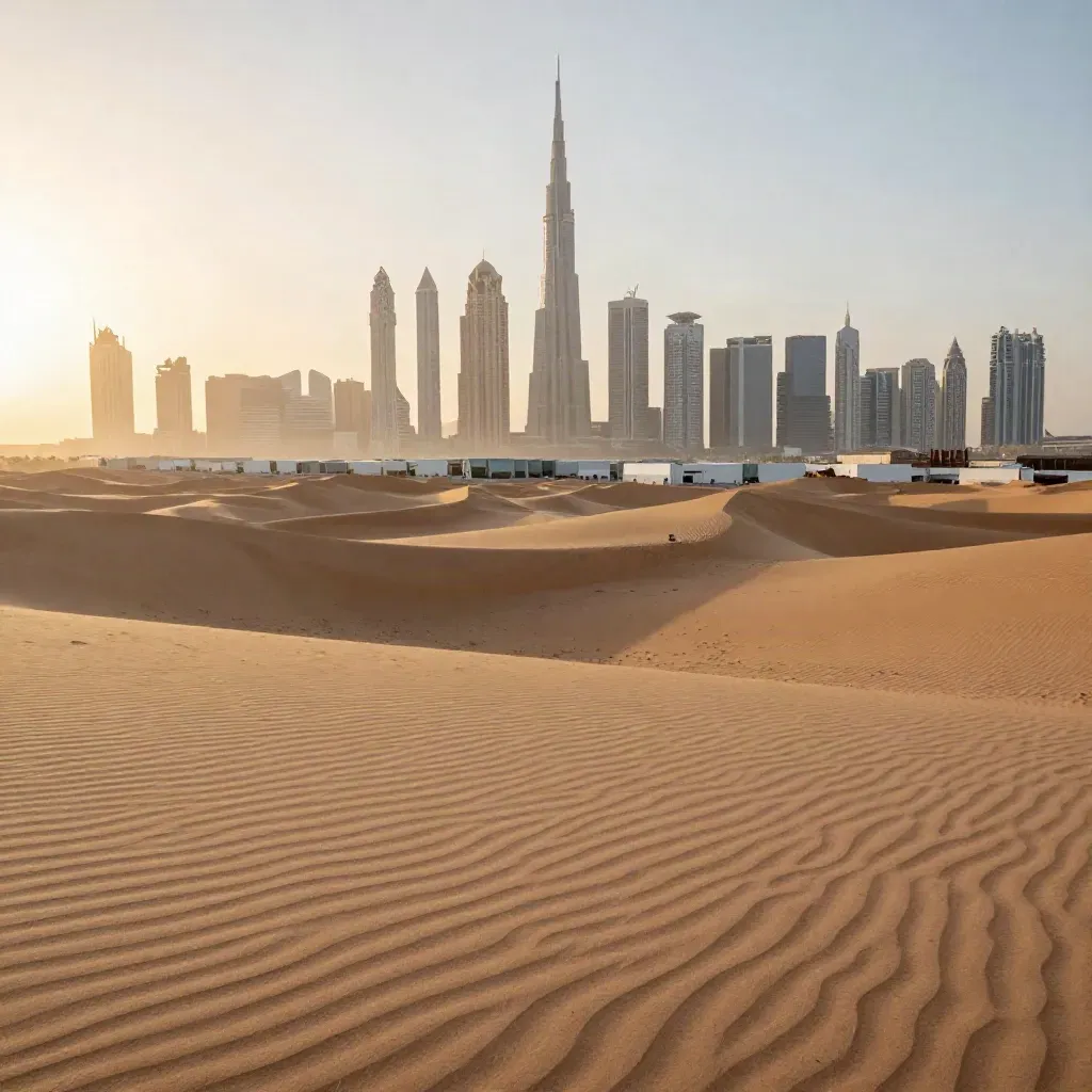 Dubai skyline over dunes and a freight perimeter in warm golden haze