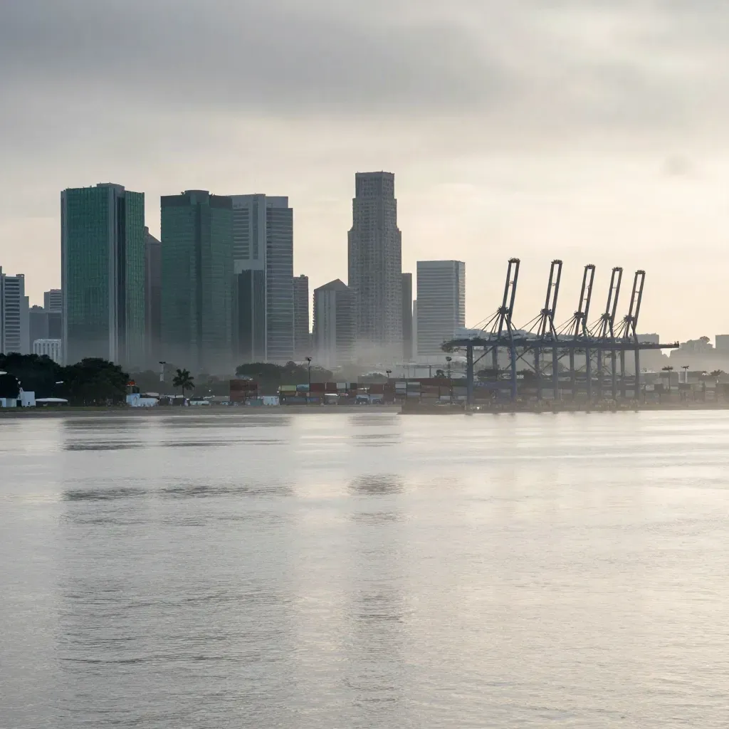Singapore port skyline and cranes in dusk haze over calm water