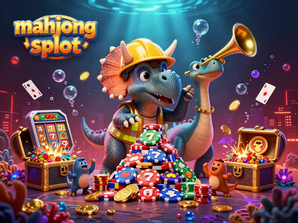 Engage with mahjong slot excitement as a triceratops builds a pyramid of poker chips amid a vibrant casino-themed underwater scene.