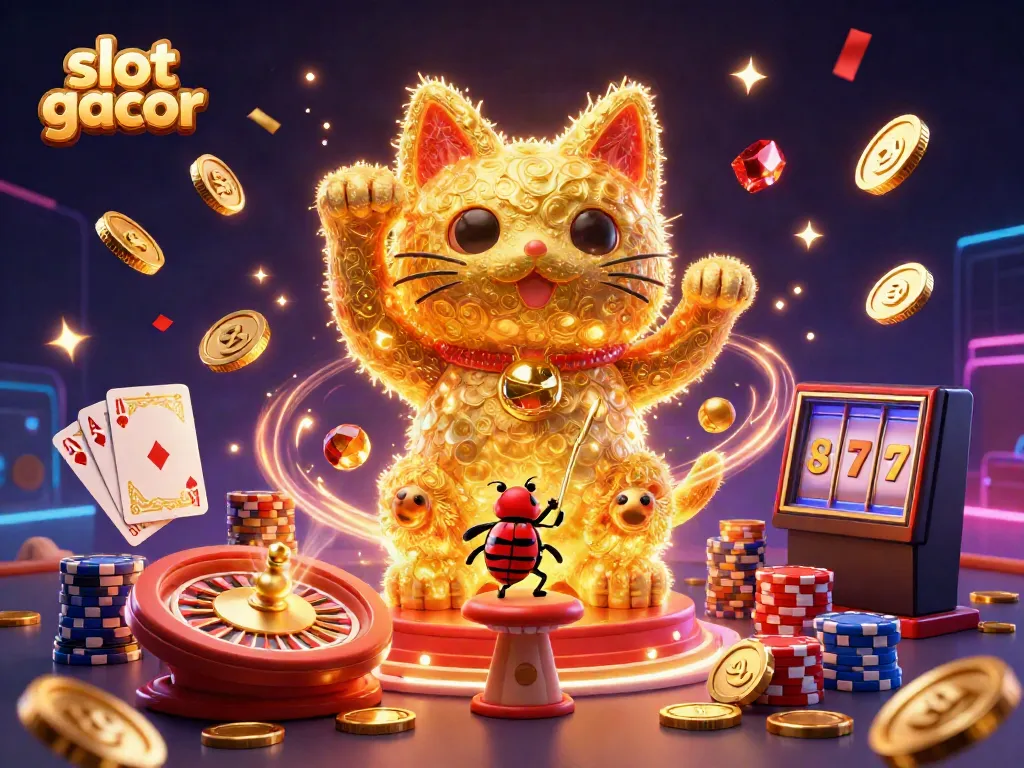 Experience excitement with slot gacor as golden fireflies form a lucky cat amidst a colorful casino scene.