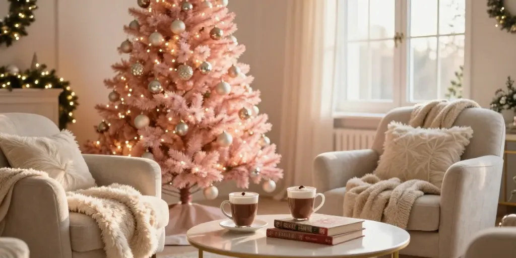 Delightful small pink Christmas tree adorned with lights and ornaments in a cozy holiday living room.