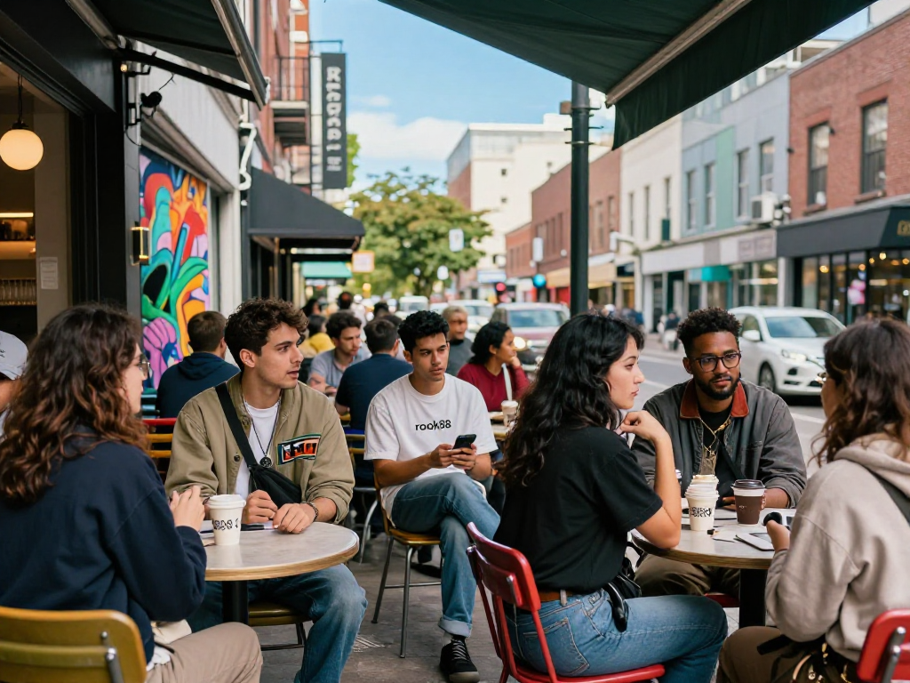 Young adults discussing fashion trends while enjoying coffee at a street cafe, showcasing the vibrant rokok88 brand in an urban setting.