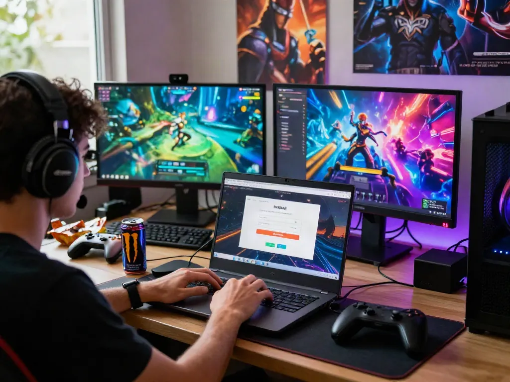 Player at ROKOK88 login page surrounded by gaming accessories and vibrant decor.