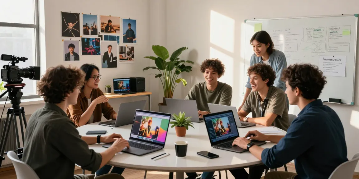 Seedance 2.0 creative video production team collaborating, showcasing vibrant visuals and brainstorming ideas.