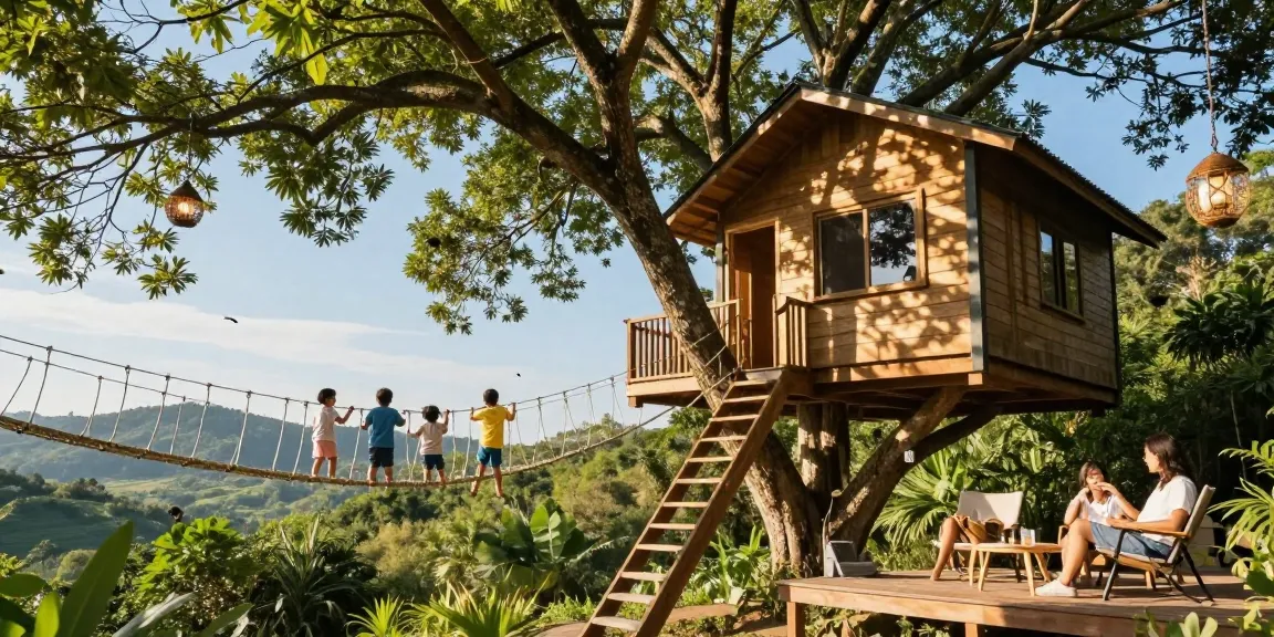 Tree house life: Family enjoying luxury treehouse experience amidst lush greenery and sunlight.