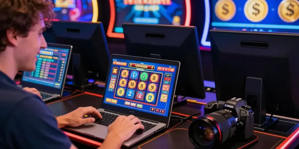 Pengalaman bermain slot server thailand dengan perangkat modern dan cahaya neon menarik.