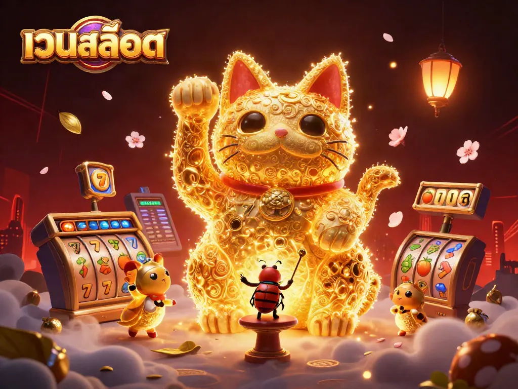 Experience เว็บสล็อต with a vibrant giant lucky cat made of fireflies amid casino symbols.