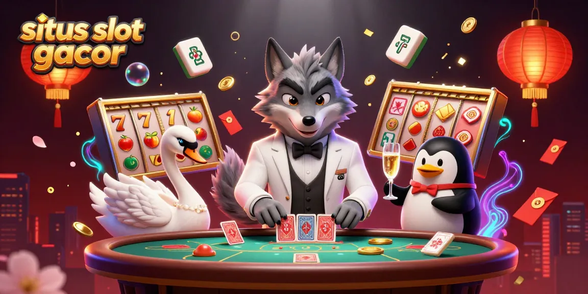 Play and win big at situs slot gacor with vibrant 3D illustration of casino characters and elements.