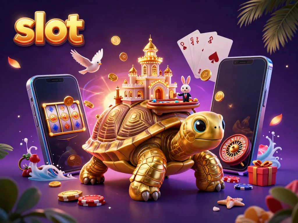 Engaging slot-themed casino illustration featuring a vibrant tortoise casino and a rabbit dealer.
