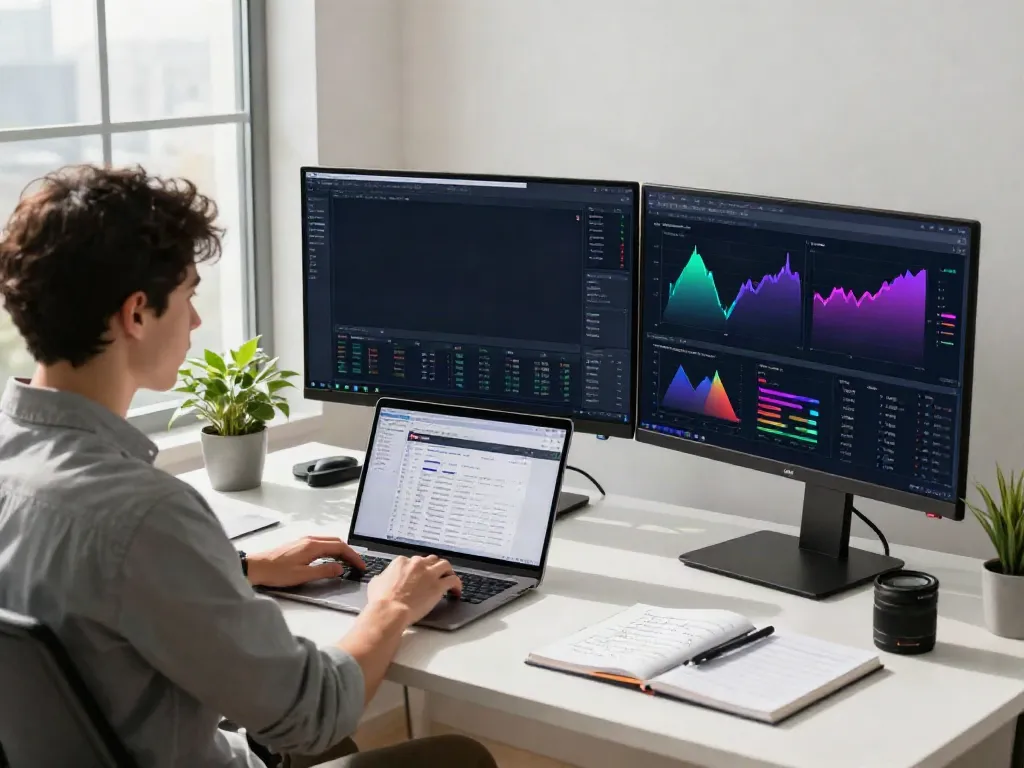 Young trader using MetaTrader 5 in a modern home office environment with insights and charts.