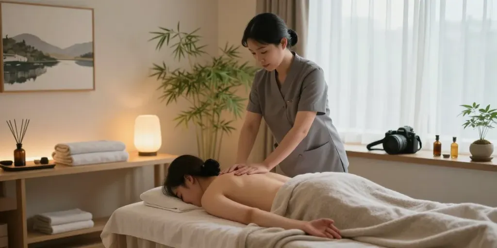 Relaxing 의정부출장마사지 scene showcasing a therapist providing massage therapy in a tranquil spa environment.