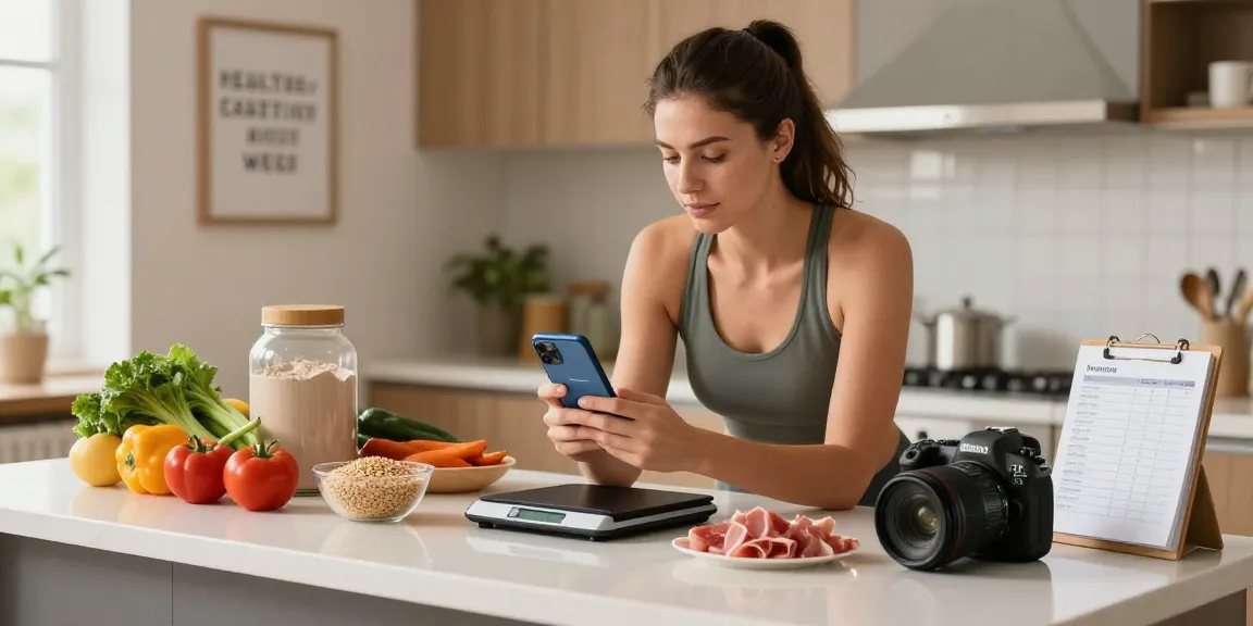 Best macro tracker in a bright kitchen with fresh ingredients and fitness tools, showcasing healthy meal preparation.