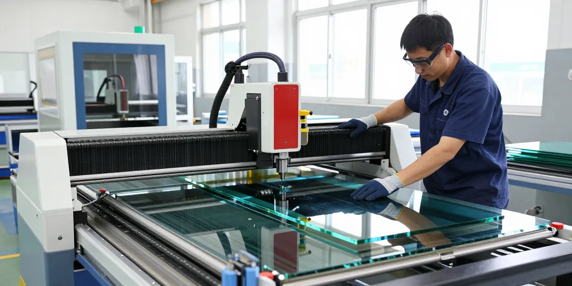 CNC glass cutting machine in an advanced glass processing facility showcasing precision and innovation.