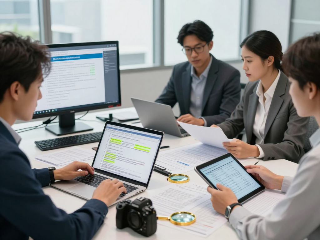 Team conducting document fraud detection analysis in a modern office.