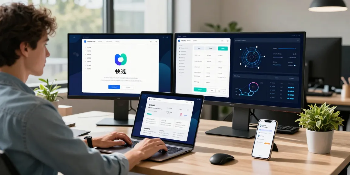 快连 app user analyzing network performance in a modern office setting with multiple screens and a vibrant workspace.