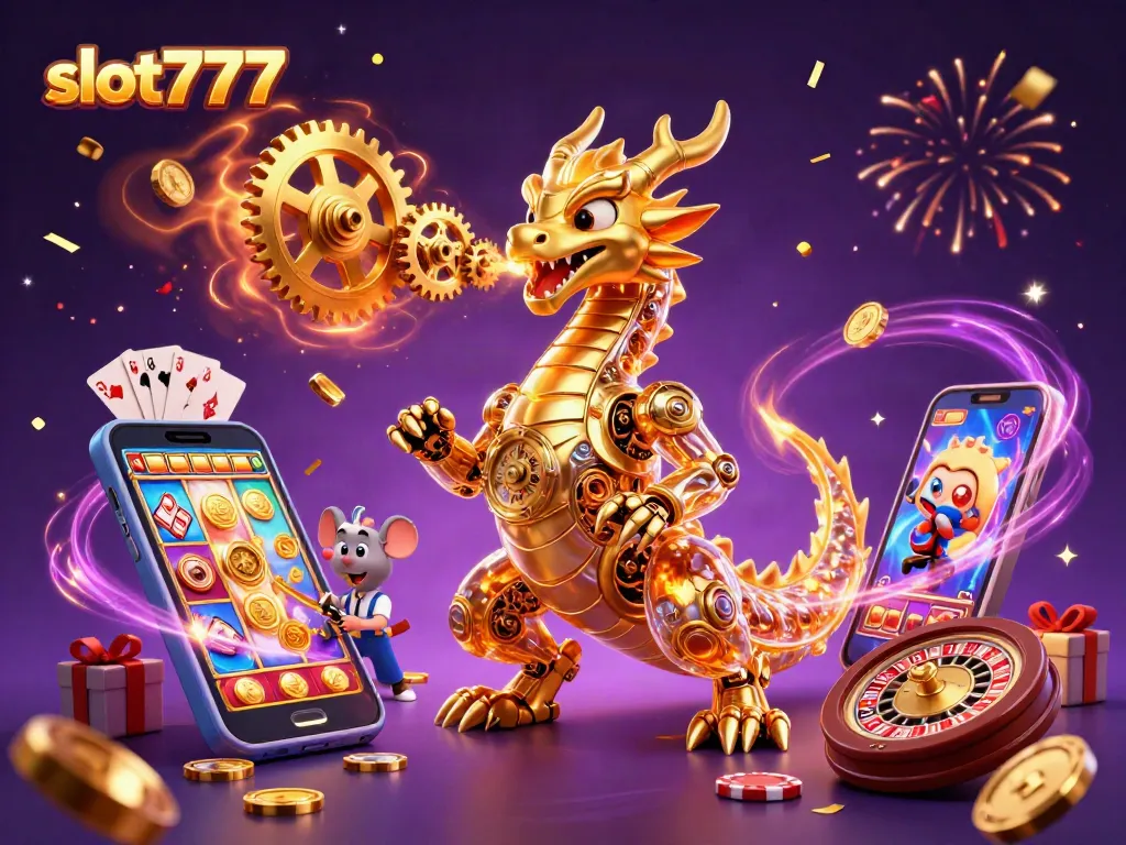 Slot777 yang menarik dengan naga emas dan permainan slot berkilauan serta koin emas meledak.