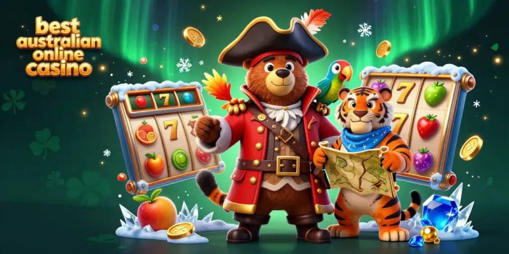 Engage with the best australian online casino featuring a cartoon pirate bear and tiger, dynamic slot symbols.